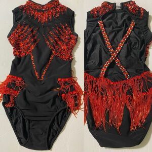 Glamour solo dance costume leotard red black embellished rhinestonesd SA adult